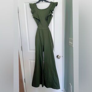 Jealous Tomato Olive Green Ruffle-Shoulder Jumpsuit